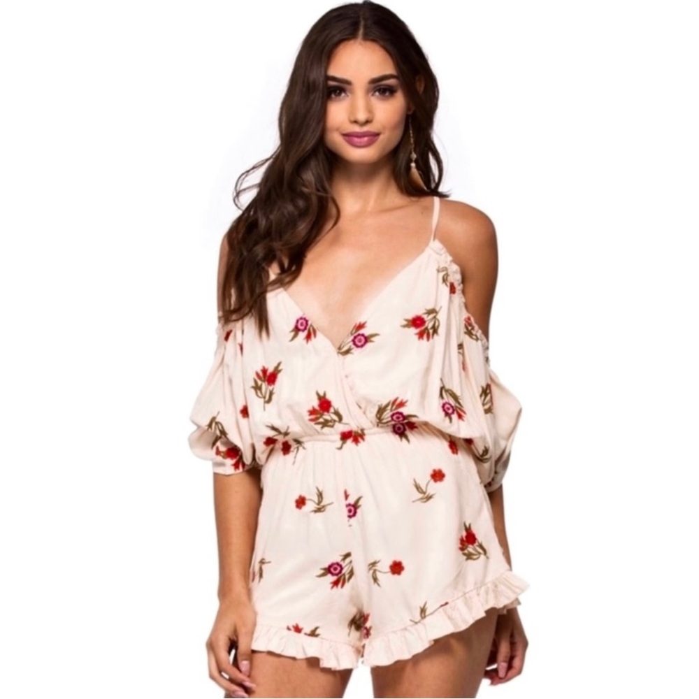 NEW LOVERS + FRIENDS REVOLVE FLORAL EMBROIDERED COLD-SHOULDER ROMPER
